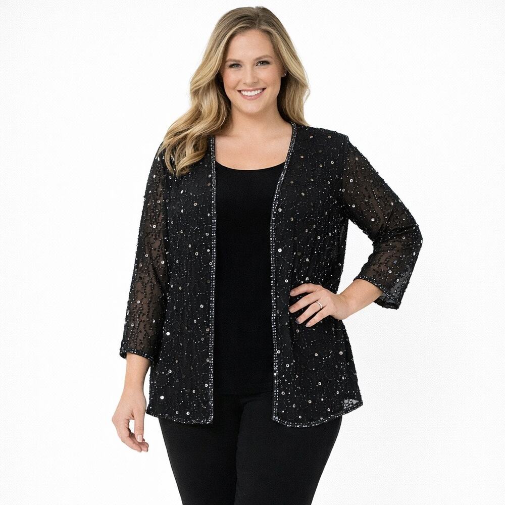 JMD New York Beaded Sequin Jacket 2X Black Sheer Evening Top Formal Open Front